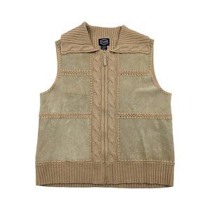 Vintage Patchwork Suede Leather Sweater Vest Full Zip Knit Collared Medium